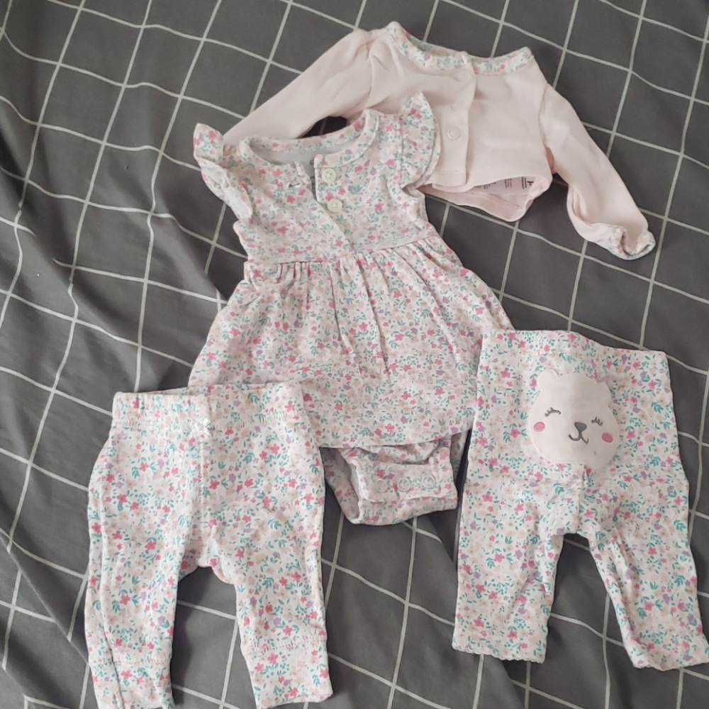 PREEMIE dress, cardigan, pants bundle